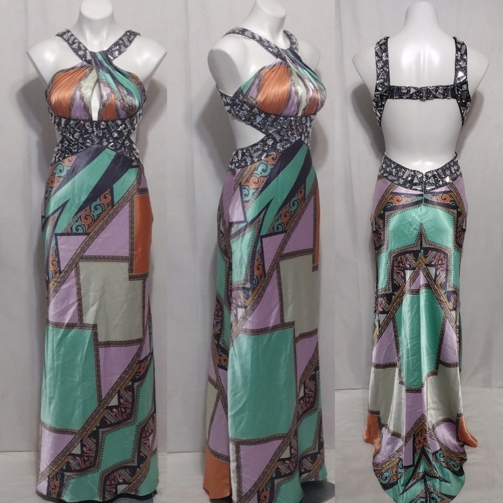 Betsey & Adam Retro Satin Gown Sz 4 Cutout Open-Back Beaded Halter Formal Dress